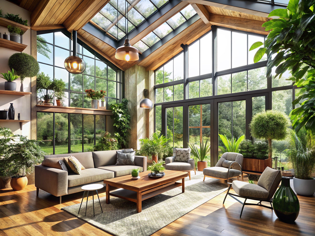 Modern sustainable home interior with natural wood furniture, potted plants, and energy-efficient fixtures visible through floor-to-ceiling windows.