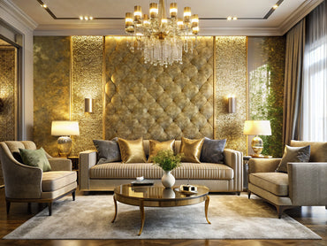 Luxurious living room with shimmering gold metallic wallpaper accent wall and elegant décor