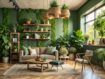 Eco-friendly interior with green wallpaper and sustainable decor elements, promoting a greener home style.