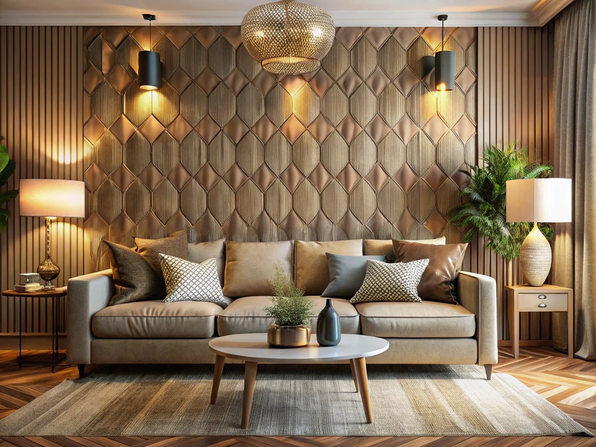 Textured wallpaper adding depth and warmth to a modern living room interior.