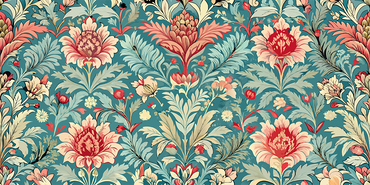 Floral Majesty wallpaper featuring intricate floral motifs in coral, ivory, and sage, perfect for home decor in 2025.