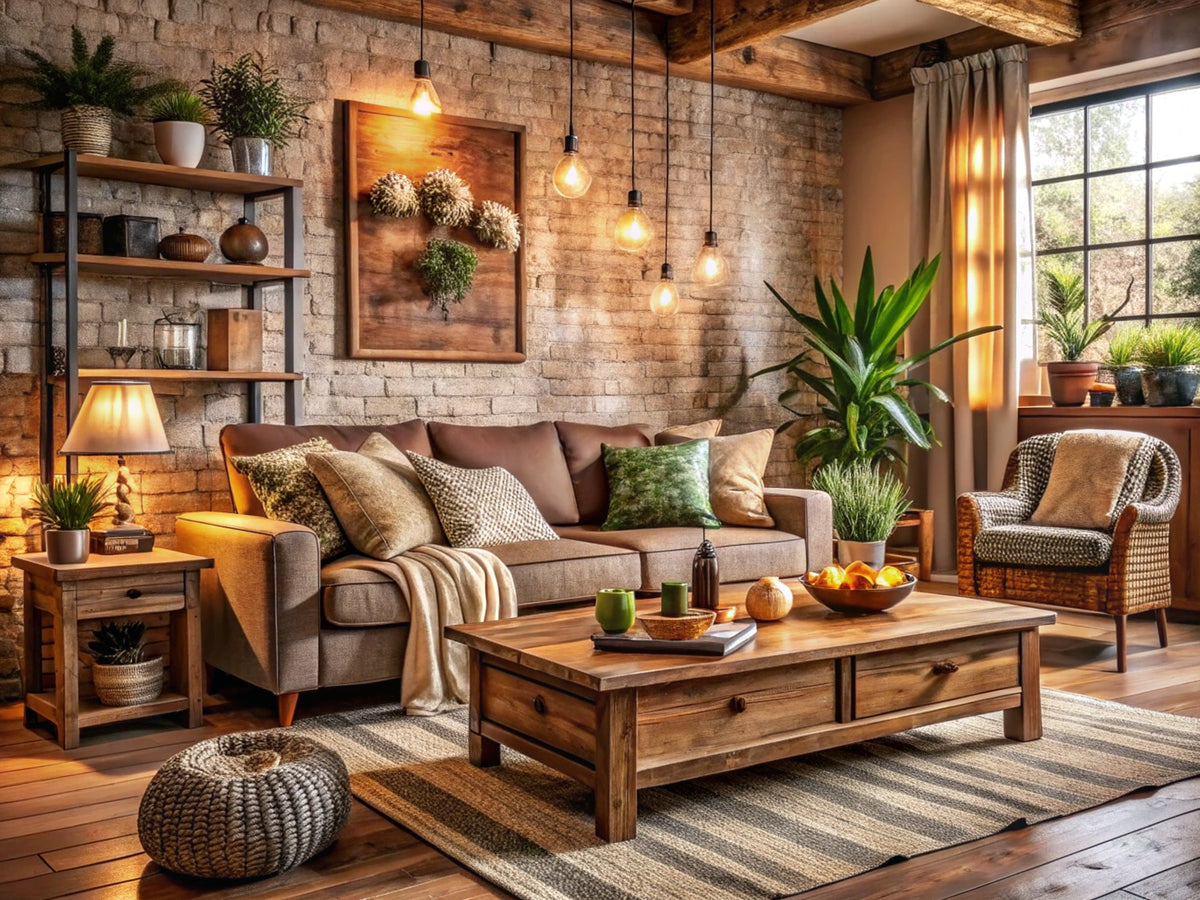Cozy living room with rustic decor featuring textured wallpaper, warm tones, and inviting atmosphere.