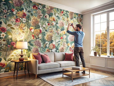 person applying colorful floral wallpaper in modern living room