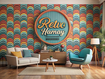Cozy room with retro theme featuring Retro Waves and Retro Wave Harmony wallpapers, vintage furniture, and decor for a nostalgic nook.