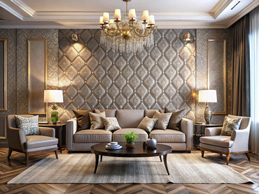 A modern interior room with textured wallpaper, showcasing depth and dimension in design.