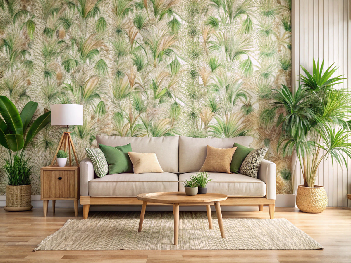 Modern living room with grasscloth accent wall, botanical wallpaper, wooden sofa, and indoor plants in natural light