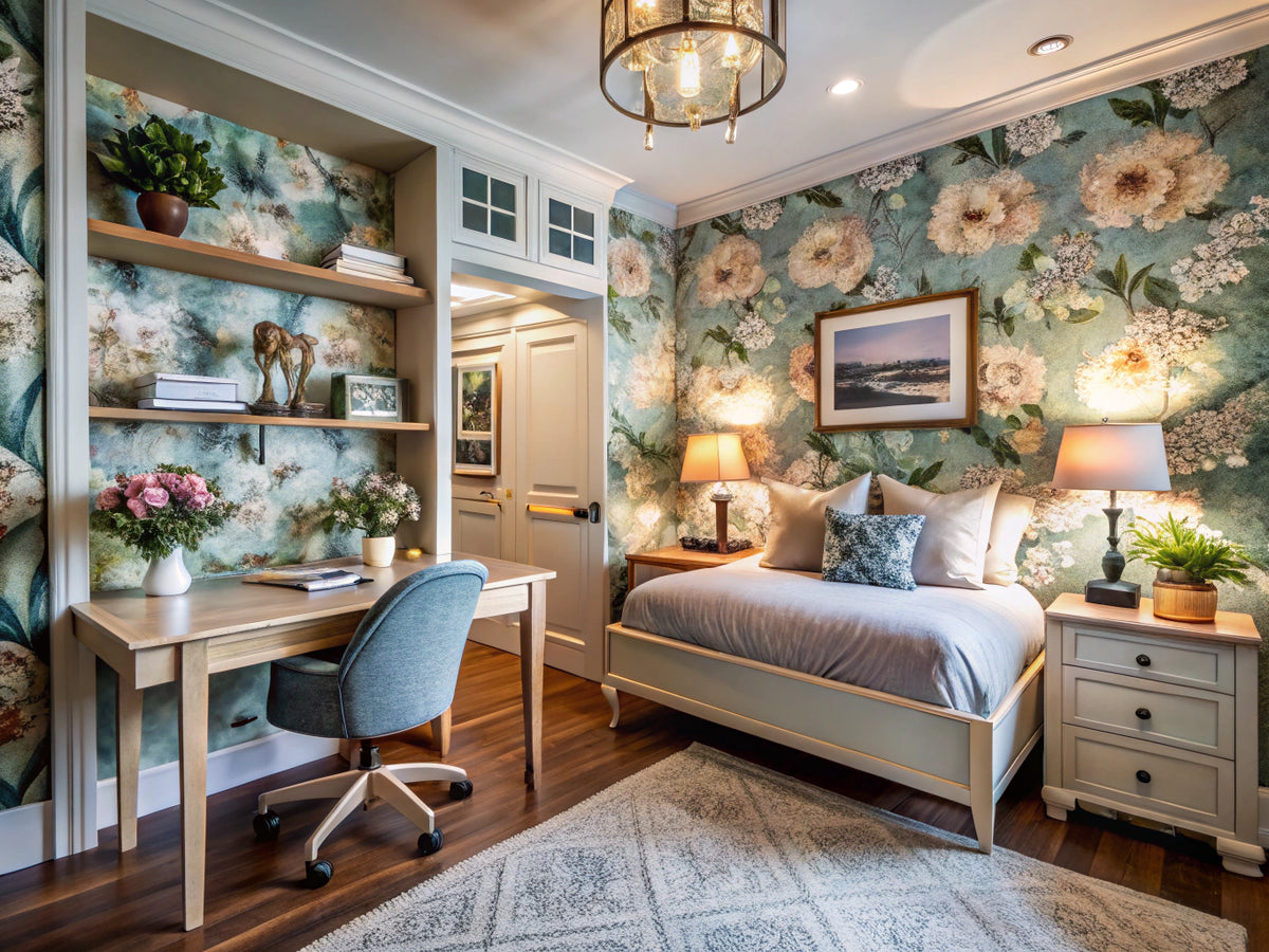 A stylish interior showcasing various wallpaper accent wall ideas, including a cozy home office, serene bedroom, bold powder room, and welcoming entryway, highlighting diverse patterns and textures.