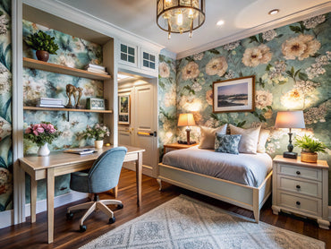 A stylish interior showcasing various wallpaper accent wall ideas, including a cozy home office, serene bedroom, bold powder room, and welcoming entryway, highlighting diverse patterns and textures.