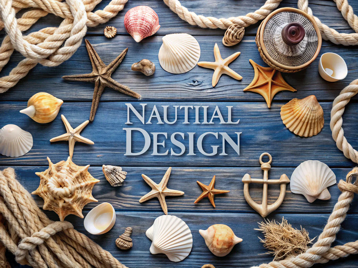 A serene coastal scene showcasing nautical decor elements like anchors, ropes, and seashells, reflecting timeless elegance and charm for home design.