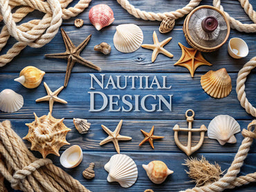 A serene coastal scene showcasing nautical decor elements like anchors, ropes, and seashells, reflecting timeless elegance and charm for home design.