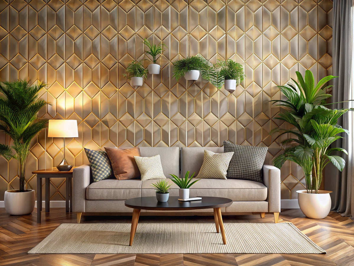 Modern living room with bold geometric patterned accent wall, neutral furniture, and warm ambient lighting