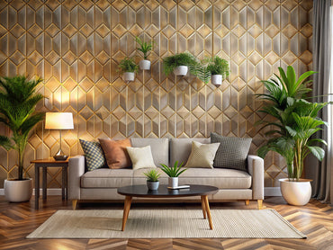 Modern living room with bold geometric patterned accent wall, neutral furniture, and warm ambient lighting