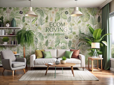 Modern living room with eco-friendly wallpaper featuring botanical prints and sustainable materials