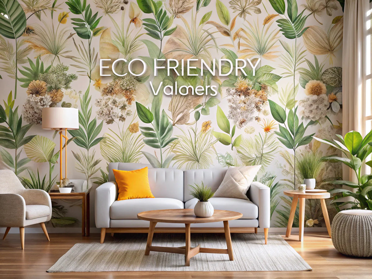 Eco-friendly wallpaper featuring natural patterns in a bright and inviting living space, emphasizing sustainability and elegance.