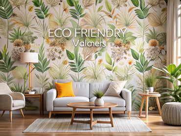 Eco-friendly wallpaper featuring natural patterns in a bright and inviting living space, emphasizing sustainability and elegance.