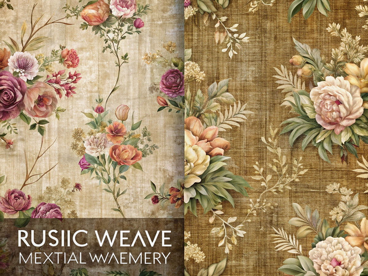 A comparison of Rustic Weave wallpaper with earthy textures and Floral Majesty wallpaper featuring vibrant floral designs, showcasing the charm of rustic and elegant decor styles.