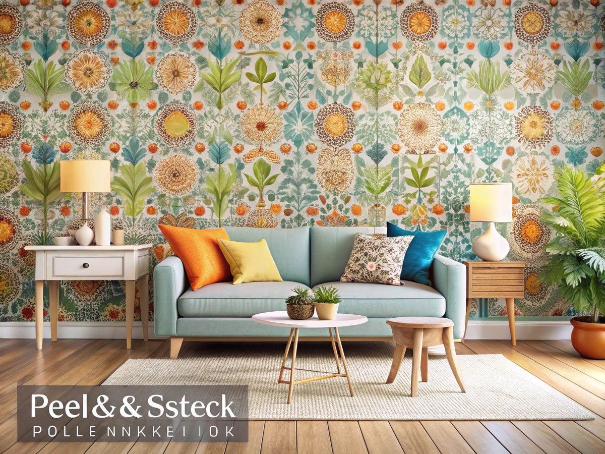 A beautifully decorated room showcasing vibrant peel-and-stick wallpaper, enhancing the cozy and inviting atmosphere with modern design elements.