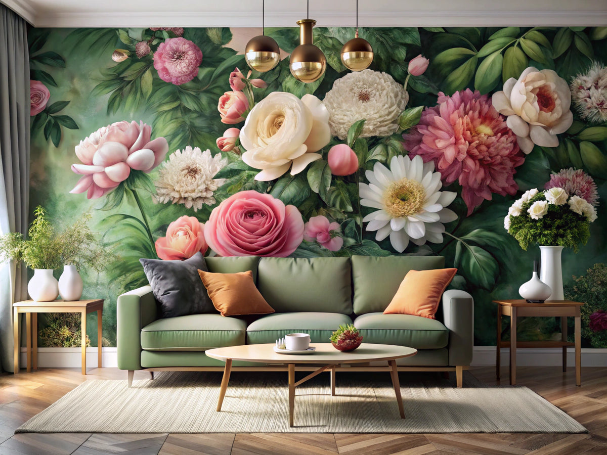 Modern living room with bold oversized floral wallpaper accent wall, minimalist furniture, and natural lighting.