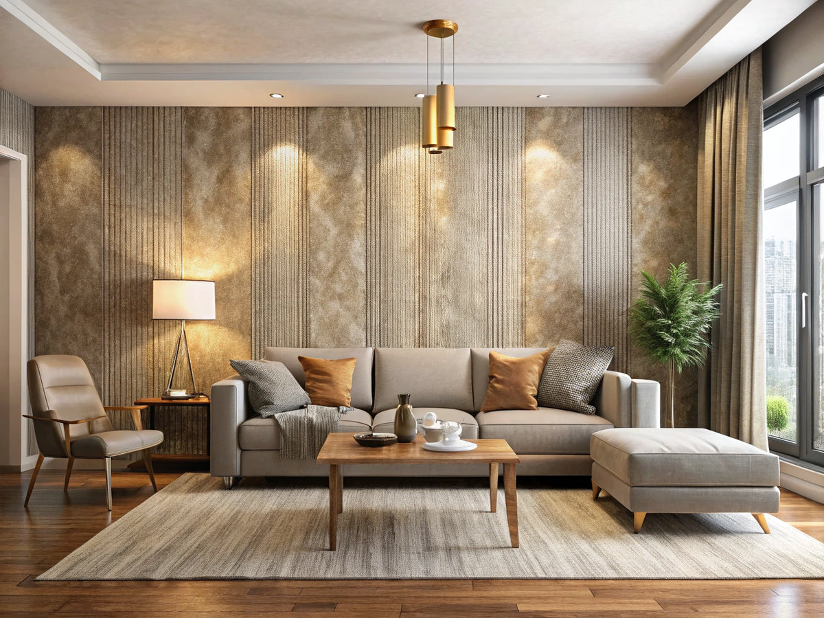 Modern living room with neutral textured wallpaper adding depth and style to the space