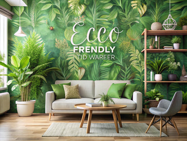 Eco-friendly wallpaper in a green-themed living room, showcasing sustainable home decor with plants and natural materials, promoting green wallpaper and environmentally friendly design.
