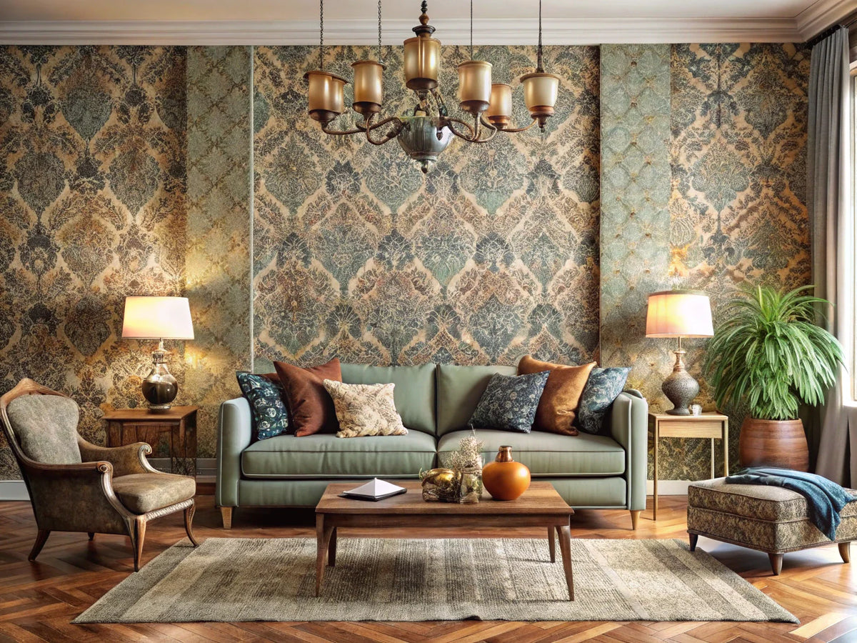 A beautifully designed interior showcasing textured wallpaper, highlighting its depth and character in home decor.