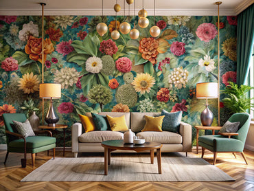 A living room showcasing the contrast between floral wallpaper and geometric wallpaper patterns, highlighting the elegance of floral designs and the modern appeal of geometric styles.