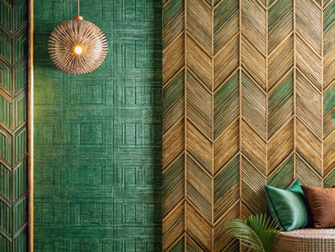 Split-screen comparison of Rustic Weave warm earth-tone woven wallpaper and Emerald Art Deco green geometric metallic wallpaper.