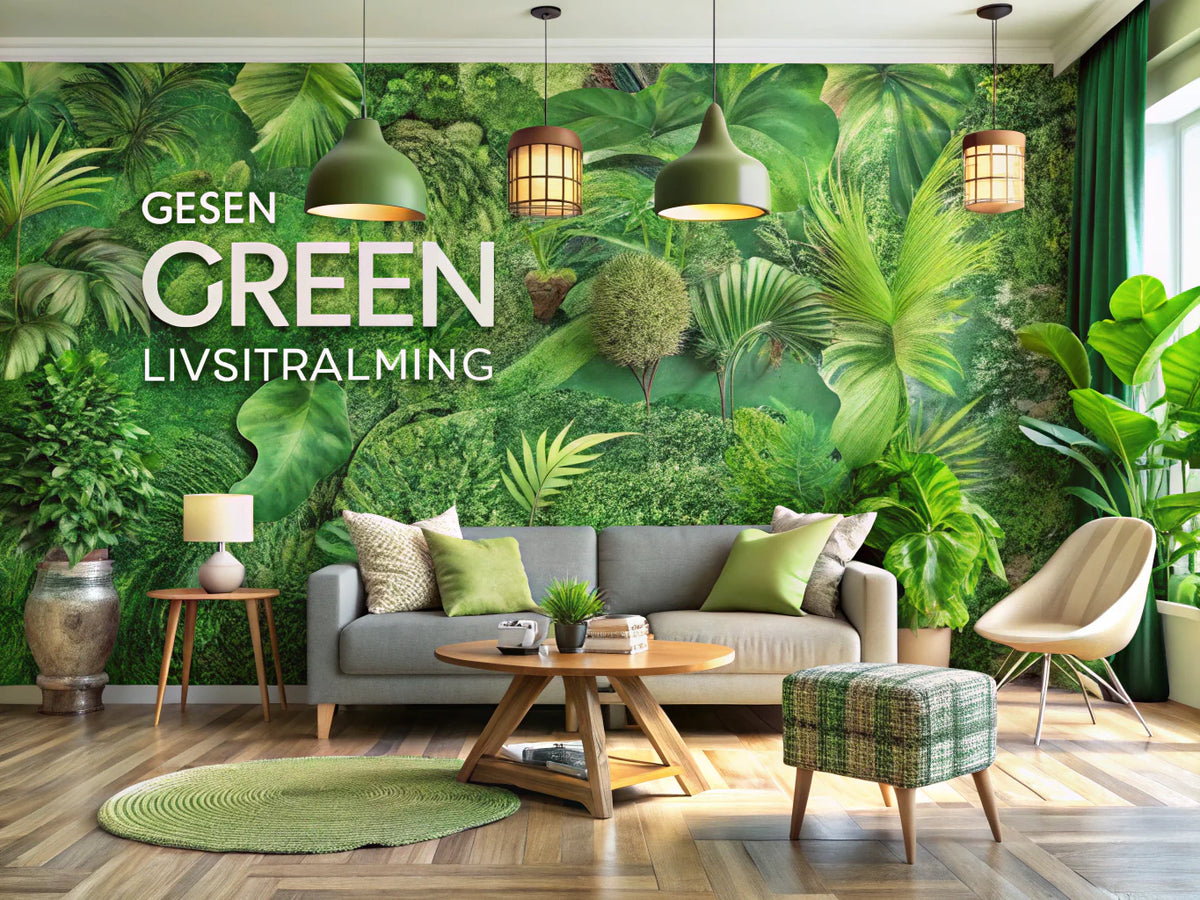 Eco-friendly wallpaper featuring lush green patterns in a bright and inviting interior, emphasizing sustainability and green living.