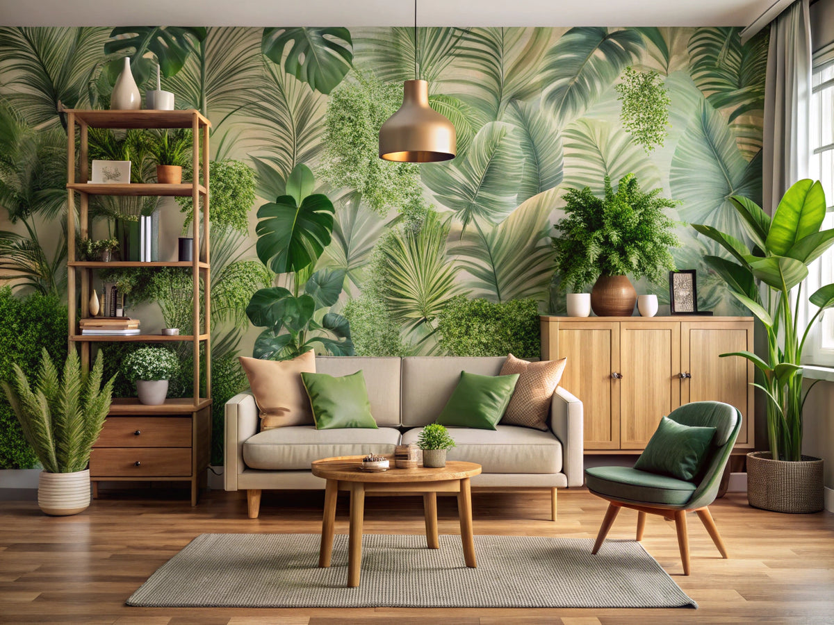 Stylish living room with eco-friendly wallpaper, sustainable home decor, botanical patterns, natural wood furniture, and indoor plants.
