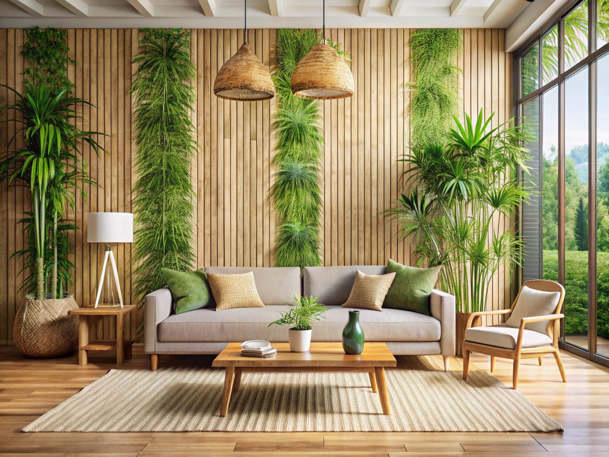 Eco-friendly living room with bamboo texture wallpaper, green leafy motifs, and sustainable decor