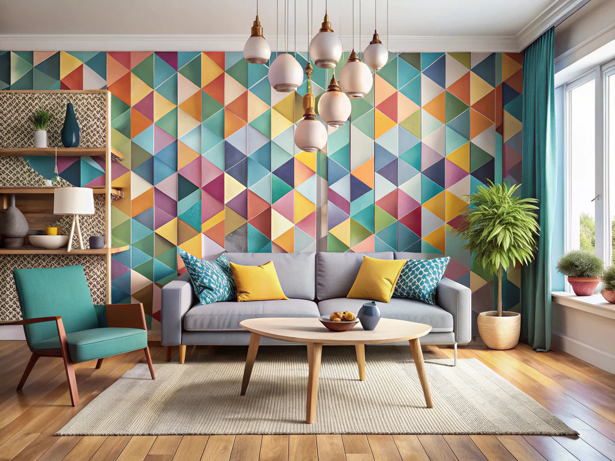 A stylish living space showcasing modern geometric wallpaper patterns in vibrant colors, reflecting contemporary interior design trends.