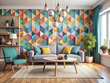 A stylish living space showcasing modern geometric wallpaper patterns in vibrant colors, reflecting contemporary interior design trends.