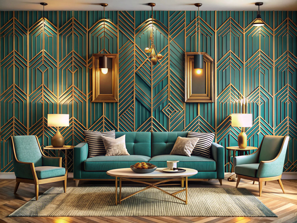 Modern living room with bold teal, gold, and cream geometric wallpaper and mid-century furniture