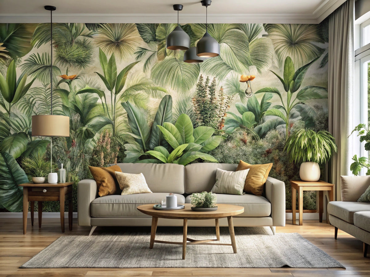Modern living room with nature-inspired botanical wallpaper, neutral furniture, and lush indoor plants enhancing home decor with a nature wallpaper home aesthetic.