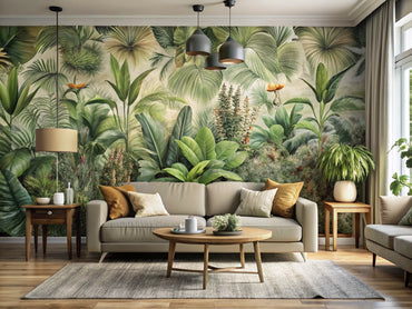 Modern living room with nature-inspired botanical wallpaper, neutral furniture, and lush indoor plants enhancing home decor with a nature wallpaper home aesthetic.