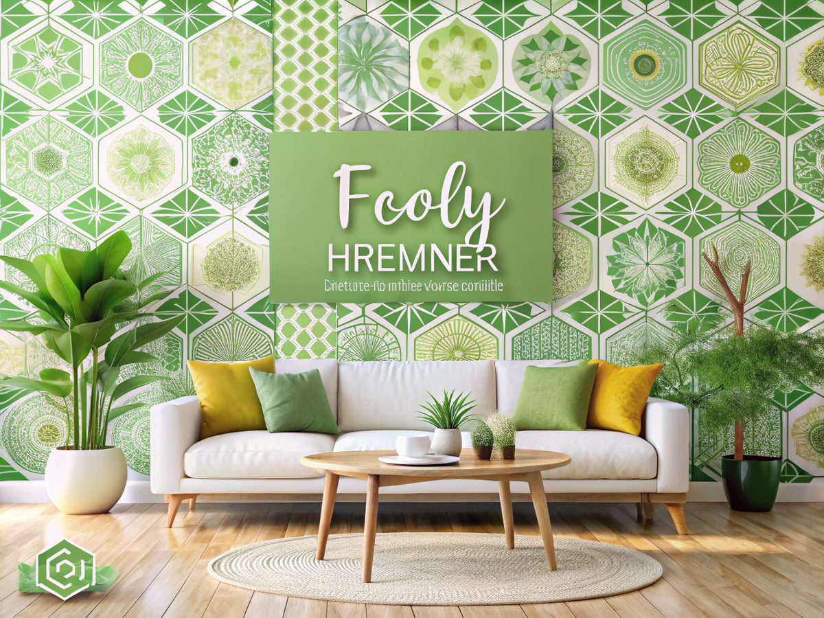 A variety of stylish eco-friendly wallpaper designs in a bright home interior, showcasing modern geometric patterns and floral motifs, emphasizing sustainability and elegance.