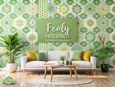 A variety of stylish eco-friendly wallpaper designs in a bright home interior, showcasing modern geometric patterns and floral motifs, emphasizing sustainability and elegance.