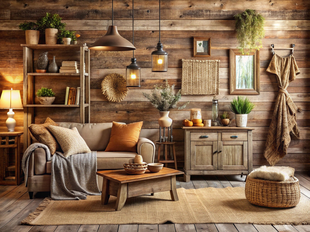 Cozy rustic interior showcasing burlap texture wallpaper with warm earthy tones and inviting decor elements.