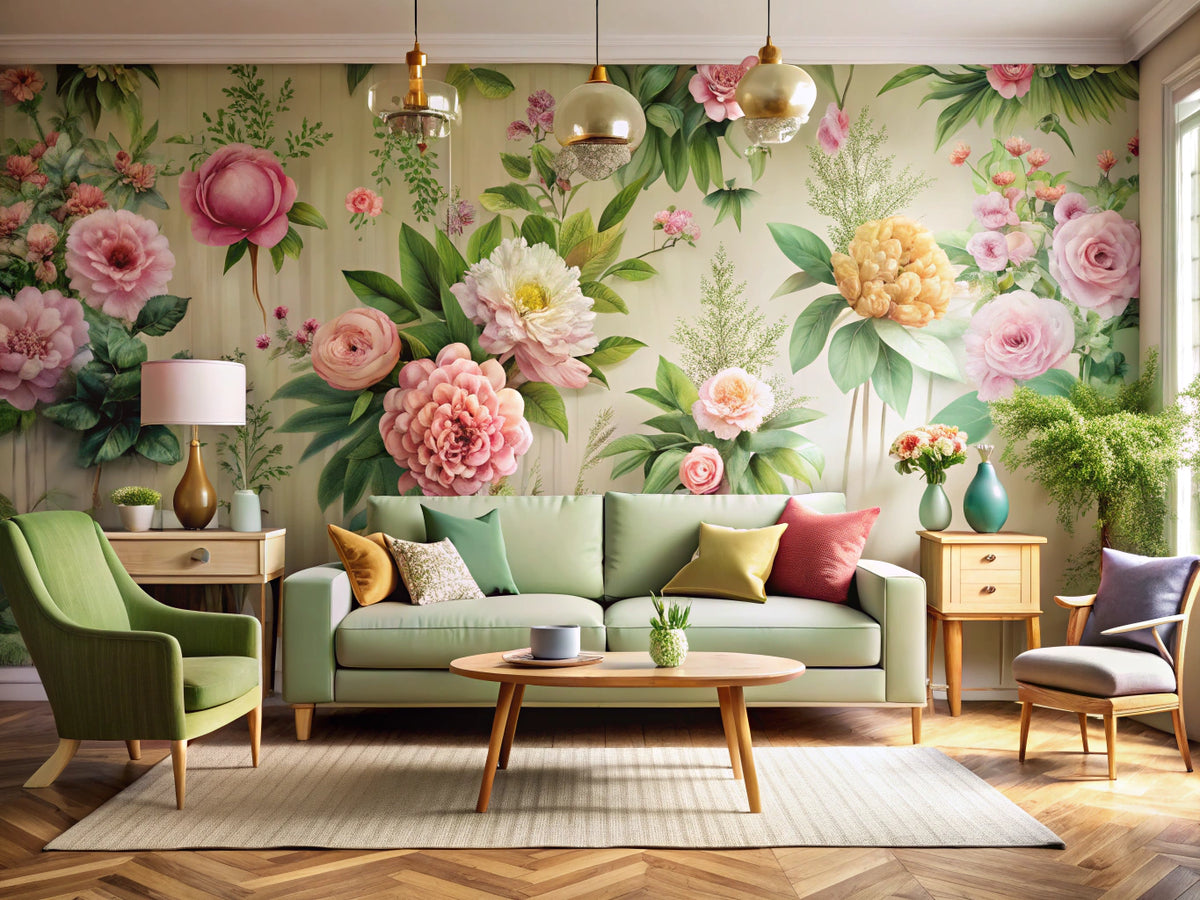 Modern living room with vibrant pastel floral wallpaper accent wall and minimalist furniture