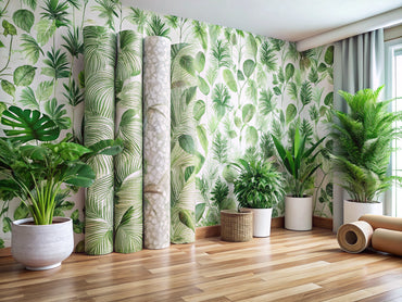 Rolls of green eco-friendly wallpaper with leaf patterns and recycled paper texture in a bright sustainable room setting