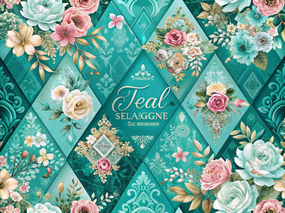 A captivating feature image showcasing the contrast between geometric patterns and floral designs, representing 'Teal Diamond Elegance' and 'Floral Majesty' in wallpaper.