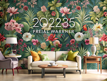 A vibrant feature image showcasing the latest floral wallpaper trends of 2025, featuring oversized florals, tropical themes, and classic elegance with a modern twist.