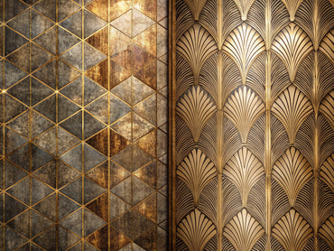 Split-screen feature image of a rustic textured wallpaper with warm earthy tones on the left and a metallic gold Art Deco geometric wallpaper on a dark background on the right.
