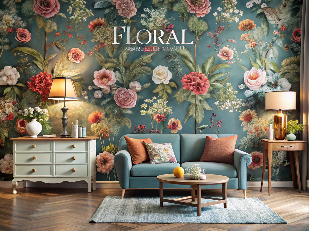 A beautifully decorated interior featuring floral wallpaper, showcasing vibrant colors and patterns that create a serene atmosphere.