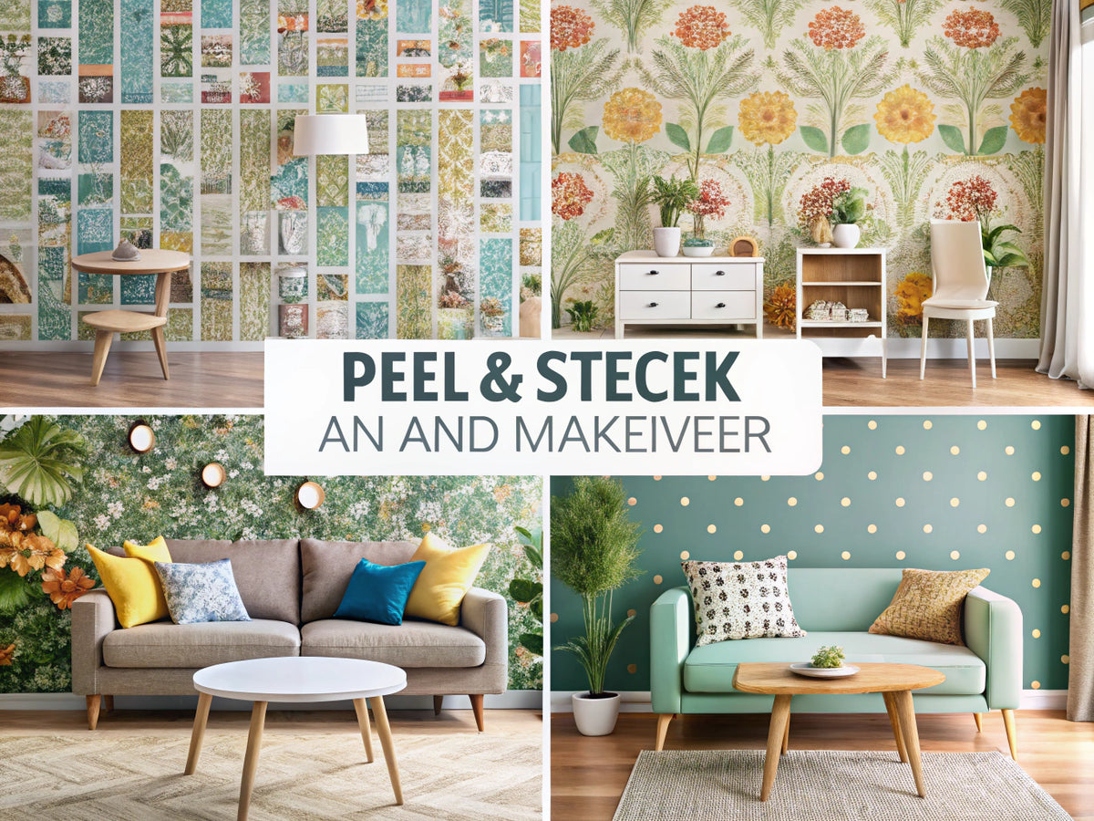 A stylish interior showcasing various peel-and-stick wallpapers in different patterns and colors, emphasizing the convenience and flexibility of DIY home decor updates.