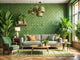 Modern living room with eco-friendly green wallpaper featuring natural fiber texture and geometric pattern, surrounded by lush plants