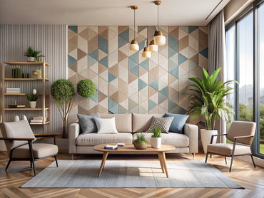modern living room with soft neutral geometric wallpaper accent wall and minimalist decor