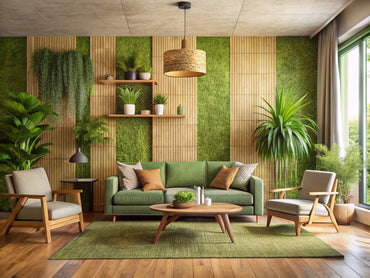 eco-friendly living room with green bamboo and cork wallpaper, wooden furniture, and plants