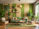 eco-friendly living room with green bamboo and cork wallpaper, wooden furniture, and plants