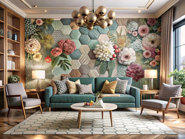 A stylish interior room showcasing a creative mix of textured wallpapers with floral, geometric, and abstract patterns, complemented by modern furniture and decor elements.